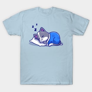 Cute Cat Sleeping With Pillow And Blanket Cartoon T-Shirt